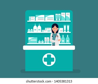 Woman pharmacist in drugstore. Vector illustration Pharmacy concept, Flat cartoon style design, Medicine, Health