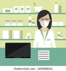 Woman pharmacist protecting from covid 19, corona by wearing masks sells medications in pharmacy interior.  Medical shop, store, pharmaceutical drugstore. Flat vector illustration. 