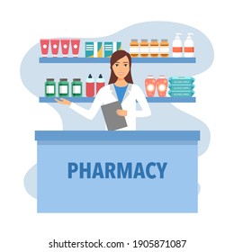 Woman pharmacist sells medicine and medical accessories in pharmacy or drugstore in flat design. Healthcare vector.