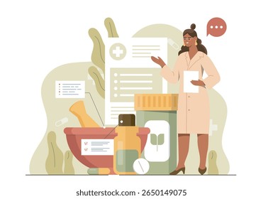 Mulher farmacêutica de pé com medicina herbal, gráfico de prescrição, e pílulas em fundo abstrato explicando o conceito de cuidados de saúde naturais. Ilustração vetorial