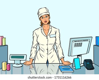 The woman pharmacist. Working in a pharmacy. Medicine sales. Pop art retro vector illustration 50s 60s style