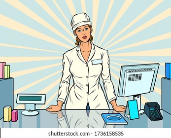 The woman pharmacist. Working in a pharmacy. Medicine sales. Pop art retro vector illustration 50s 60s style