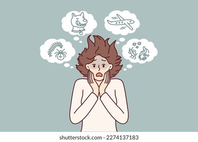 Woman with phobias and manic and rational fears associated with violation of psychological health. Shaggy girl phobia of flying on airplane or meeting stray dog and getting infested with ticks