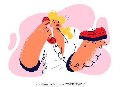Woman with phone answers calls working as secretary in office or customer service. Elegant girl puts wired phone to ear doing remote sales or calling potential customers of company 