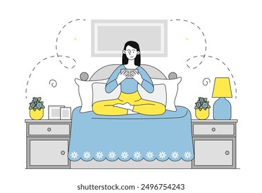 Mujer con teléfono en la cama. Muchacha joven con el artilugio y el dispositivo que se sienta en su habitación. Persona navegando por Internet y redes sociales. Video Reloj estudiantil en línea. Ilustración vectorial lineal