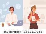 Woman with phone calling to customer support service. Operator of online consulting center during consultation with client. Colored flat vector illustration of online helpdesk or hotline