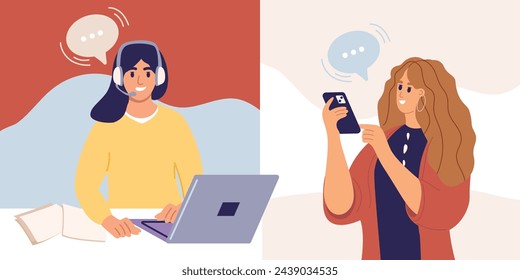 Woman with phone calling to customer support service. Operator of online consulting center during consultation with client. Colored flat vector illustration of online helpdesk or hotline