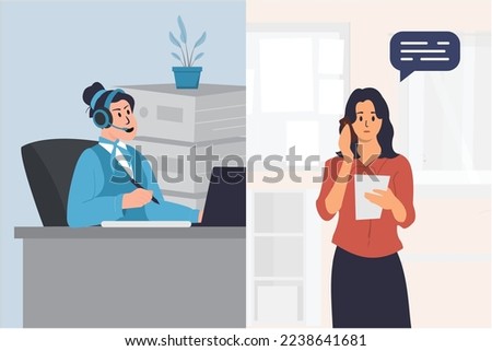 Woman with phone calling to customer support service. Operator of online consulting center during consultation with client. Colored flat vector illustration of online helpdesk or hotline