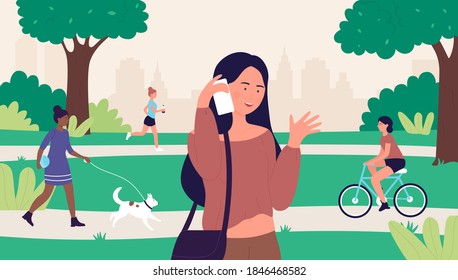 Woman with phone in city park vector illustration. Cartoon young female character standing in summer park cityscape, lady talking and walking outdoor, communication by smartphone technology background