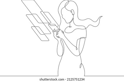 Woman with phone.One continuous line.Augmented reality.Multi-screen in the phone application. Augmented Reality on the smartphone screen. Continuous line drawing.Line Art isolated white background.