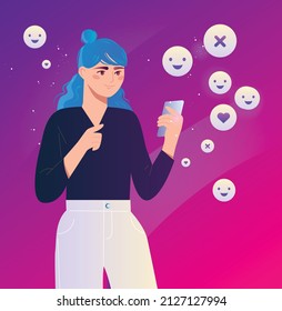 Woman with phone. Dependence on gadgets and modern networks. Character communicates with friends on Internet. Correspondence, emoticons and emojis, stickers. Cartoon flat vector illustration