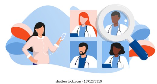 woman with phone, doctors team medical staff portraits. Patient online searching therapist via smartphone. Mobile app to find a specialist, medical insurance, telemedicine. For banner, flyer, landing
