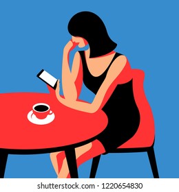 Woman with phone. Female character sitting at the table with a cup of coffee and mobile phone. Coffee time in cafe. Vector illustration