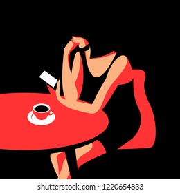 Woman with phone. Female character sitting at the table with a cup of coffee and mobile phone. Coffee time in cafe. Vector illustration