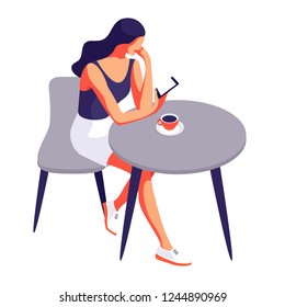 Woman with phone. Female character sitting at the table with a cup of coffee and mobile phone. Vector illustration