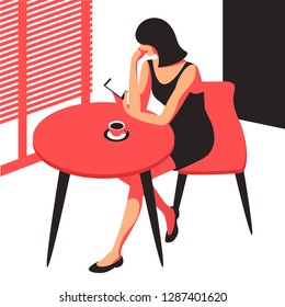 Woman with phone. Female character sitting at the table with a cup of coffee and mobile phone. Vector illustration