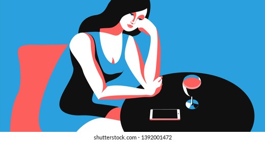 Woman with phone. Female character sitting at the table with glass of wine and smartphone. Vector illustration