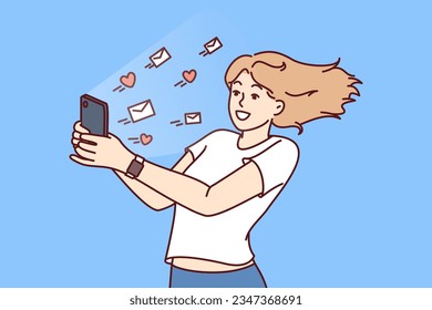 Woman with phone gets lot of messages and likes on social media and rejoices at popularity of personal blog on internet. Letters with hearts fly out of smartphone of smiling girl using social networks