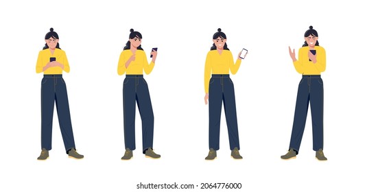 Woman with phone. Girl communicates via smartphone. Chatting in Internet, social media. Addiction to gadgets, modern technologies. Cartoon flat vector illustration isolated on white background