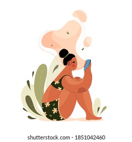 Woman with Phone in Hand. Girl Sits and Looks Into the Phone Screen in Flat Style in nature. Vector cartoon illustration.