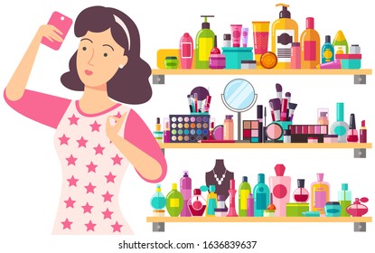 Woman with phone in hand. On background many elements of cosmetics like cream or gel, palettes or concealers, lipsticks or perfumes vector illustration