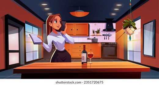 Woman with phone in kitchen room with wine bottle cartoon illustration. Modern house design with cupboard, refrigerator, stove, oven and hood in orange color. Cozy light cooking and dining place