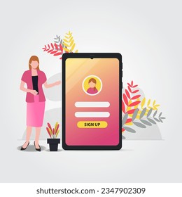 Woman and phone with log in or registration account. Sign up form and button on phone screen vector illustration