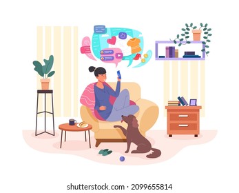 Mujer con teléfono en sillón. Silla de salón para chicas usa internet móvil en smartphone, navegación en línea o chat celular en interiores mascota, habitación acogedora ilustración vectorial de ocio. Smartphone femenino en línea