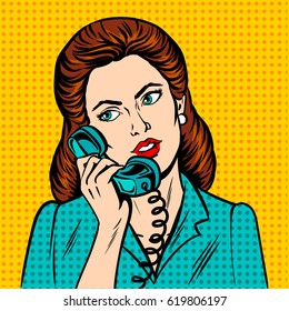 Woman With Phone Pop Art Retro Vector Illustration. Comic Book Style Imitation.