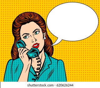 Woman With Phone Pop Art Retro Vector Illustration. Comic Book Style Imitation.