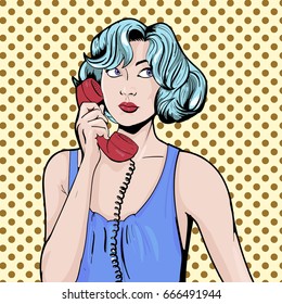 Woman with phone pop art retro vector illustration. Comic book style imitation.