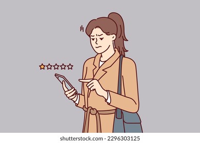 Woman with phone shares user experience by giving negative rating to store or restaurant. Girl uses mobile application on smartphone to put one star and lower company rating due to poor service