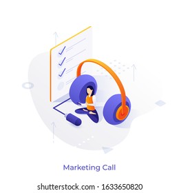 Woman with phone sitting cross-legged, headphones, check list. Concept of telephone marketing, telemarketing, telesales, call center, customer support. Modern colorful isometric vector illustration.