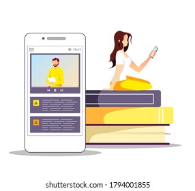 Woman with phone sitting on the books. Studying, Online training, distance education, e-learning, tutorials and courses concept. Isolated vector illustration for poster, banner, cover.