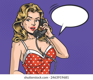 Woman with phone vintage poster colorful with pinup beauty from comics making call standing near speech bubble vector illustration