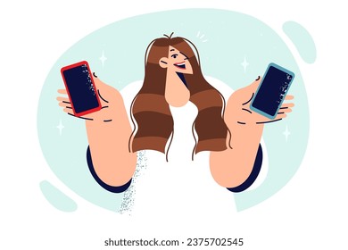 Woman with phones of different models smiles, offering to choose brand she likes and buy new smartphone. Happy girl compares mobile phones with different characteristics before purchasing