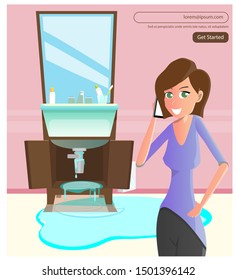 Woman Phoning Plumber Standing in Bathroom Flat Cartoon Vector Illustration. Problems with Demaged Pipe and Water Supply. Broken Sink, Floor Covered with Water. Emergency Call Website.