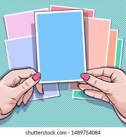 A woman with a photo album in her hand Memories in frame the picture Illustration vector On pop art comic style Dots shadow   blue background 