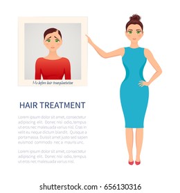 Woman with photo before and after hair loss treatment on white background. Female baldness solution. Alopecia infographic medical design template. Clinic concept design. Vector illustration.