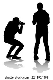 Woman with a photo camera on white background