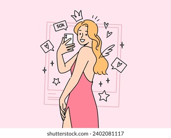 Woman photo model takes selfie in cocktail dress, standing among rating icons from social networks. Girl influencer smiles and takes selfie on mobile phone camera for avatar on dating site