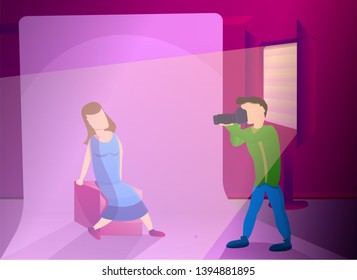 Woman photo session concept banner. Cartoon illustration of woman photo session vector concept banner for web design