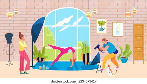 Woman photo session, vector illustration. Cartoon yoga girl person activity, flat training lifestyle at home. Sport fitness for body