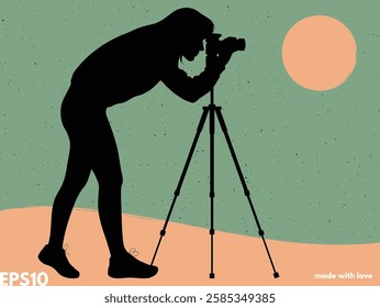 Woman photographer and camera on tripod. Vector abstract background