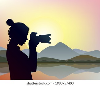 Woman photographer. Character silhouette taking photo video with SLR camera. The photographer takes pictures of the mountain landscape.
Trendy flat style