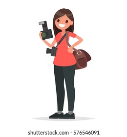 Woman photographer holding a camera on a white background. Vector illustration in a flat style