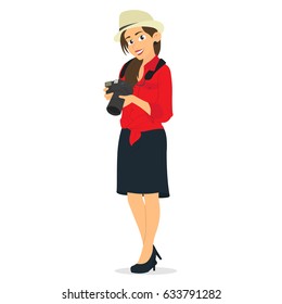Woman photographer holding a camera on a white background. Vector illustration in a flat style