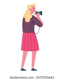 woman photographer holding photo camera back view