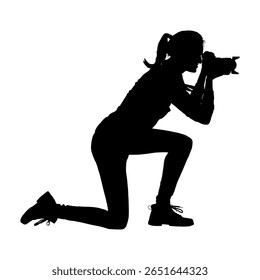 Woman photographer kneeling holding camera aiming at objects side view black silhouette. Male photographer with camera taking shot photos silhouette isolated on white background.