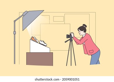 Woman photographer make photo of shoes for online shop or store. Female smm specialist do commercial photoshoot of product in studio. Social media marketing, internet sell. Vector illustration. 